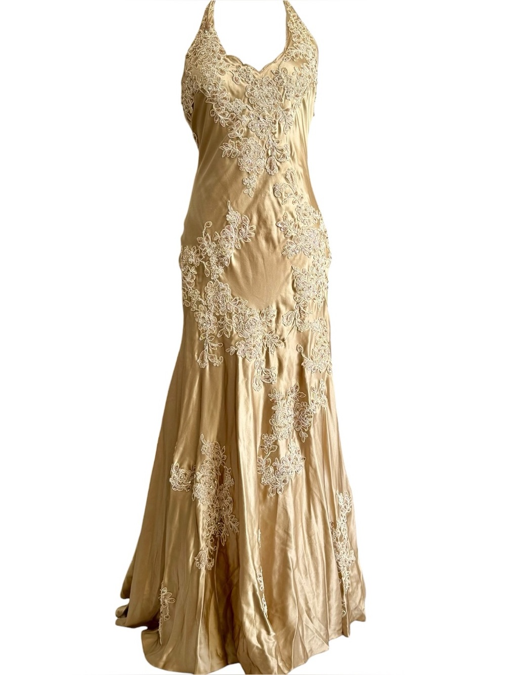 VTG Sue Wong Nocturne Beaded Silk Champagne Gold Halter Evening Gown Bias Cut